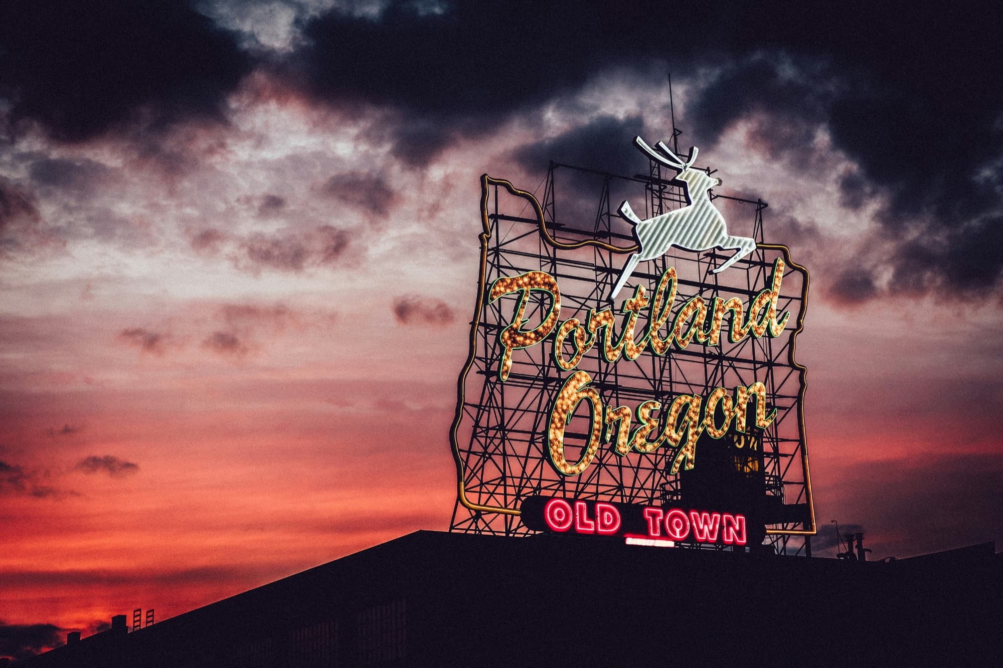 The Portland, Oregon Old Town sign at dusk
